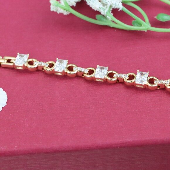 "Rose Gold Plated Bracelet with Square CZ Stones & Chain Extender, XPBL0956 - Picture 12 of 12